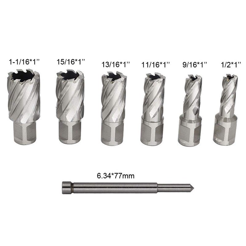 JESTUOUS Annular Cutters Set 6pcs JESTUOUS 3/4 Inch Weldon Shank 1 Cutting Depth 1/2-1-1/16 Cutting Diameter Two Flat HSS Slugger Bits for Mag Drill Press with Pilot Pin - Image 2
